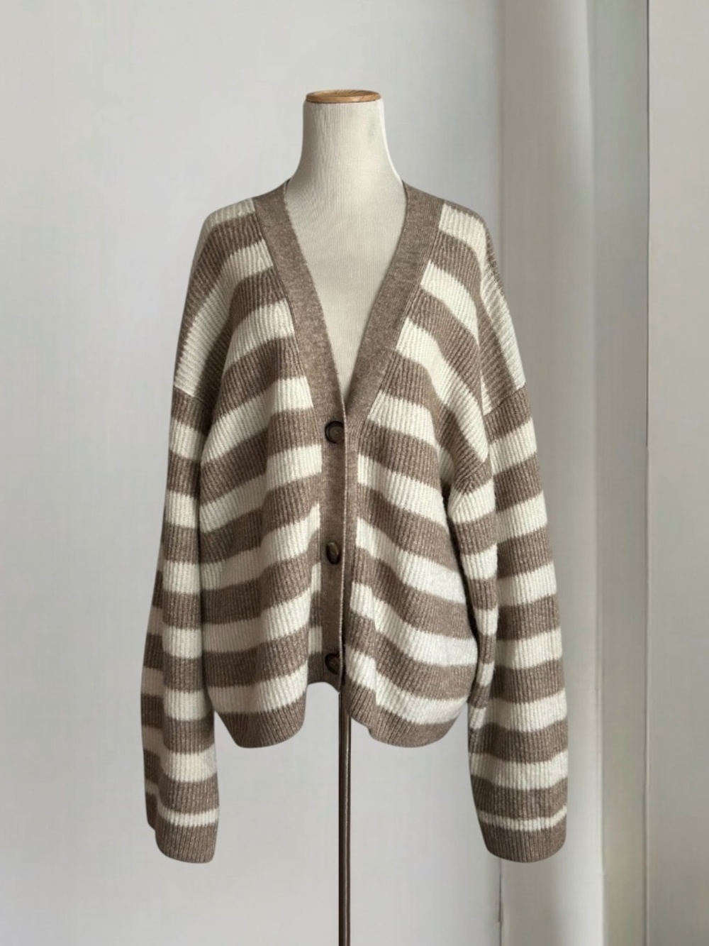 H&M Beige & White Striped Oversized Rib Knit Cardigan